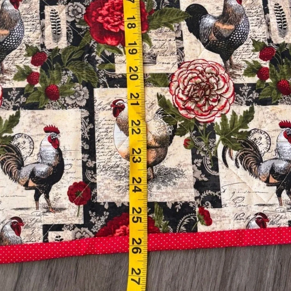 Cottage Core Rooster Peony Quilted Table Runner French Country Red Black 41x26